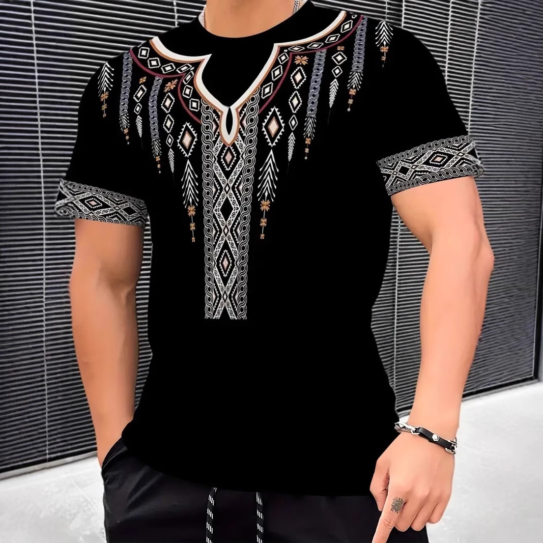 Camiseta de cuello redondo de manga corta transpirable suelta de todos los partidos casual de los hombres con estampado tribal retro clásico de venta caliente con estampado 3D