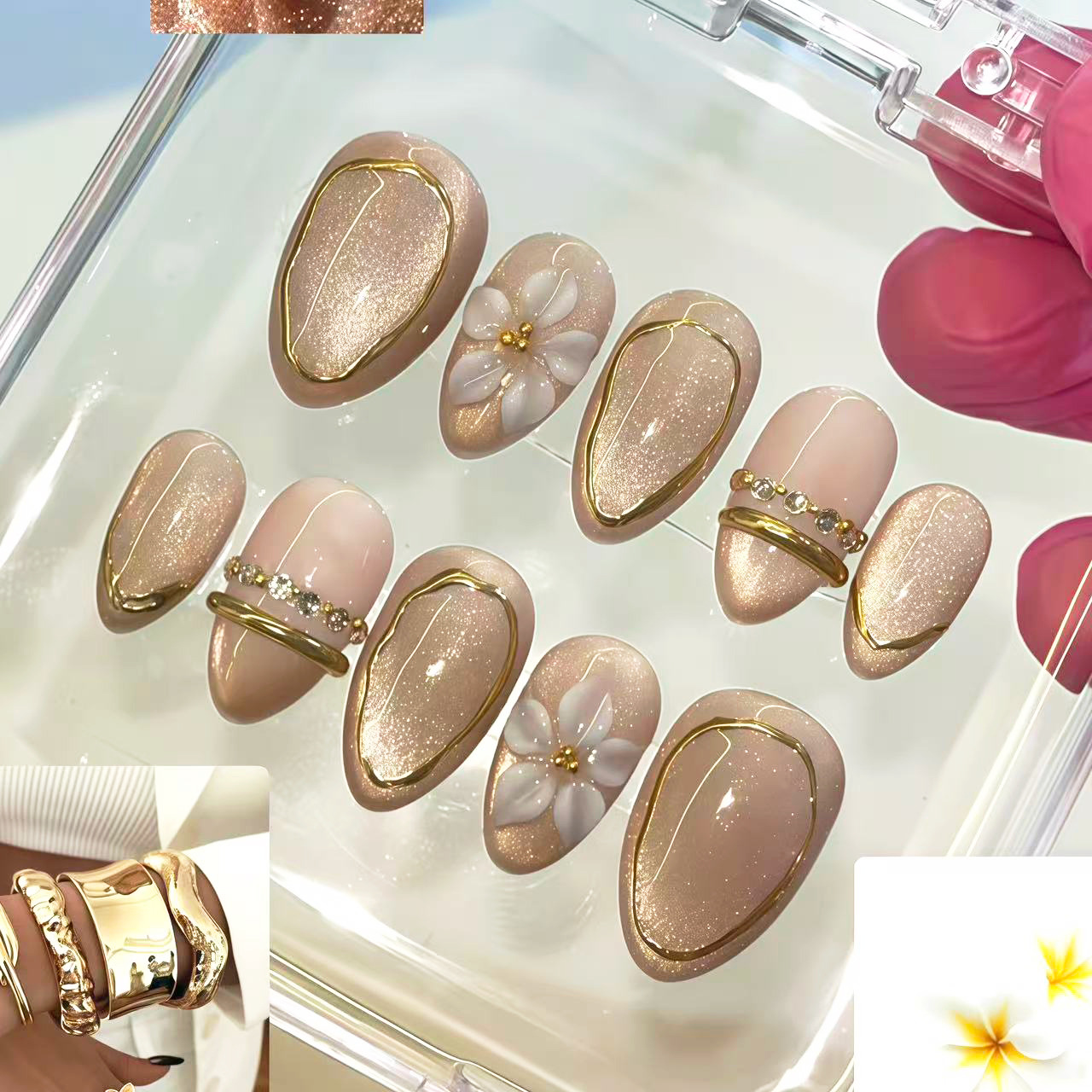 3D Gold-Plated Flower Matte Pink Cat Eye Champagne Nude Color Press-On Nails Ins Cross-Border European and American Simple White Women's Nail Stickers