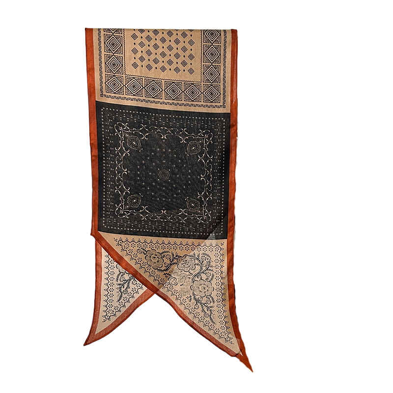 Bufanda paralela de una sola capa de sentido de alta gama de moda de nicho coreano, estilo étnico femenino, retro, temperamento de impresión creativa, bufanda de seda fina