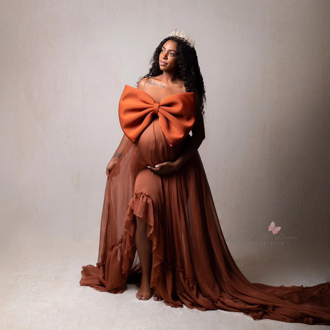 elegant orange maternity dress photo tulle ball gown simple illusion slit big bow front gown