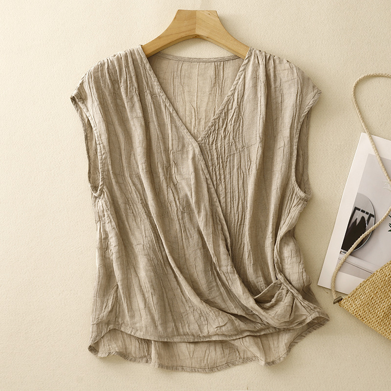 6767 # Summer New Cotton and Linen Women's Clothing, Artistic Retro Sand-Washed Round Neck Patchwork Short-Sleeved Top T-Shirt 6767 # Summer New Cotton and Linen Women's Clothing, Artistic Retro Sand-Washed Round Neck Patchwork Short-Sleeved Top T-Shirt