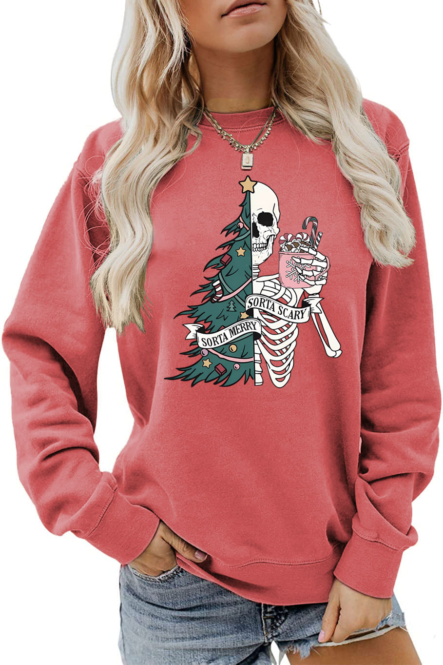 Women's Hoodies Long Sleeve Printing Christmas Christmas Tree Skeleton display picture 16