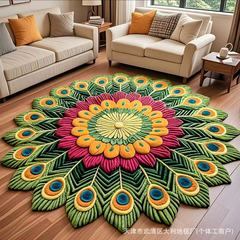 ホット販売クリスタルベルベットリビングルームホーム立体フロアマットフラワーカーペットラウンドホーム特殊形状汚れにくい孔雀の羽のブランケット