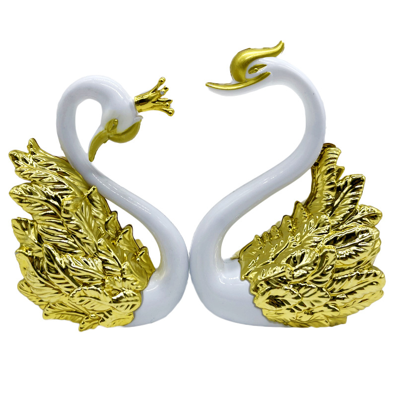 天鵝蛋糕裝飾擺件鍍金愛情鳥七夕情人節情侶生日裝扮火烈鳥甜品台