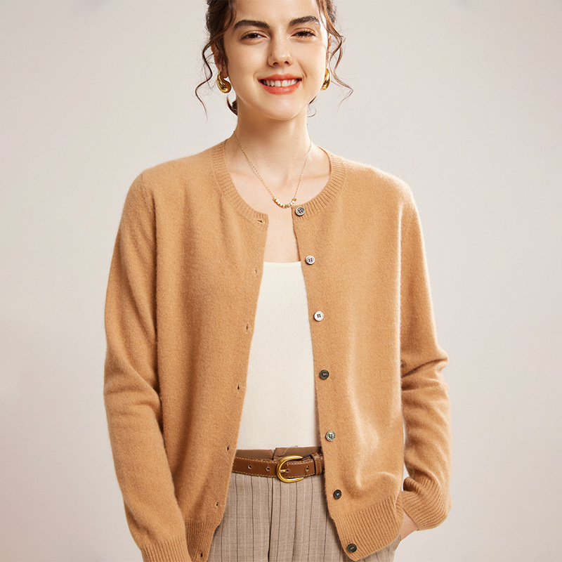 Wholesale Autumn and Winter 2024 New Pure Cashmere Crewneck Knitted Cardigan Solid Color Outer Loose Warm Top