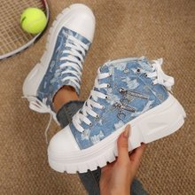 2025春秋新款厚底圆头松糕跟侧拉链前后系带时尚休闲运动鞋高帮板