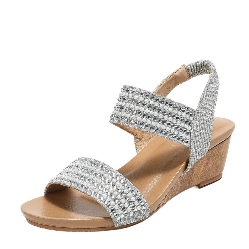 Amazon трансграничные модные римские туфли на высоком каблуке, новинка 2025, элегантные повседневные босоножки на танкетке со стразами на высоком каблуке для женщин