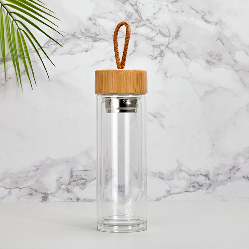 Comercio exterior transfronterizo cubierta de bambú vidrio de gran capacidad de doble capa de borosilicato transparente taza de agua taza de regalo Shell logotipo impreso