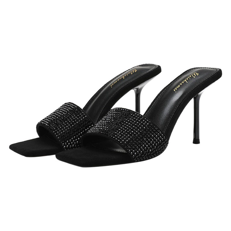 Женские босоножки на шпильке с квадратным носком, черные, с камнями, на одной ремешке, в стиле Яншулун, лето 2024 года.