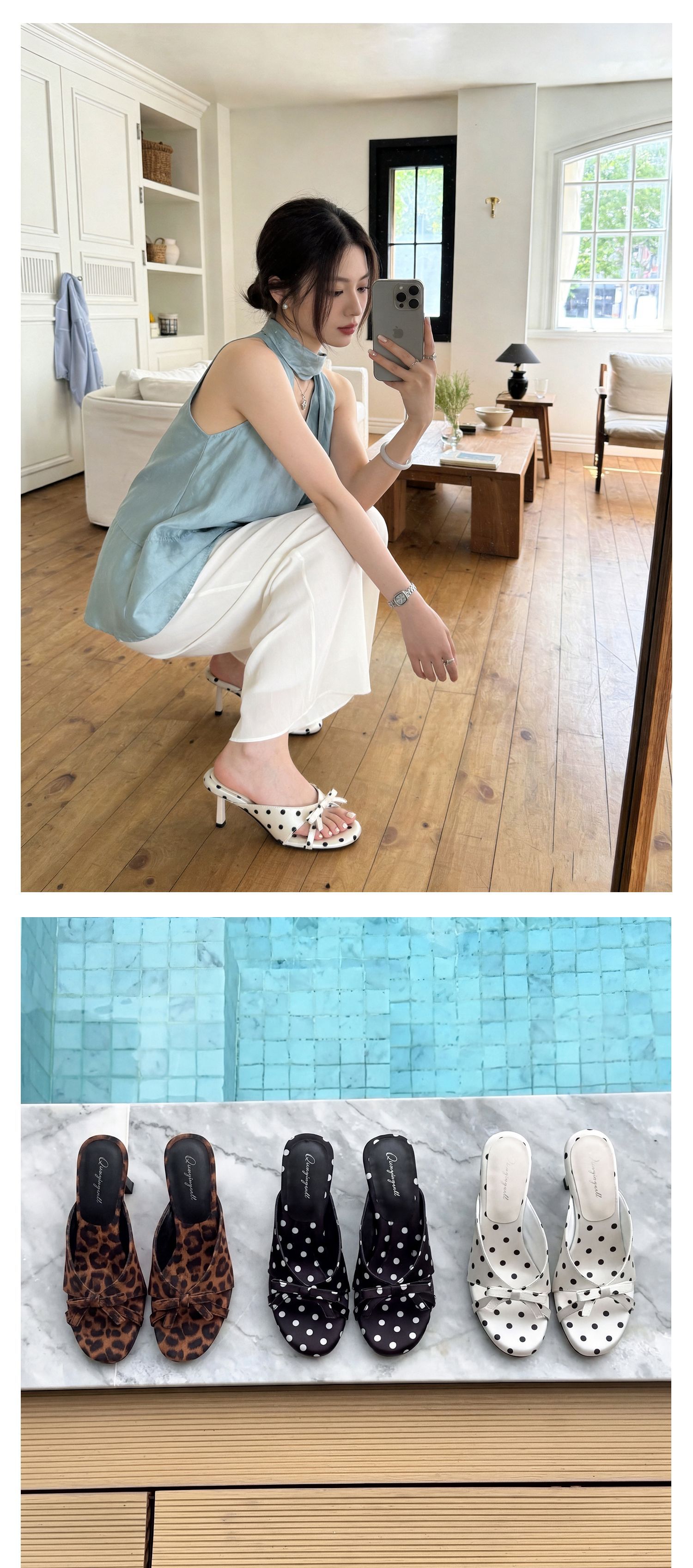 Sandal cao gót nữ hở mũi phong cách Pháp, chất liệu satin họa tiết chấm bi/chấm sóng, gót nhọn 9 cm — Điểm sóng đen, Trang chủ, Điểm sóng trắng chi tiết 25