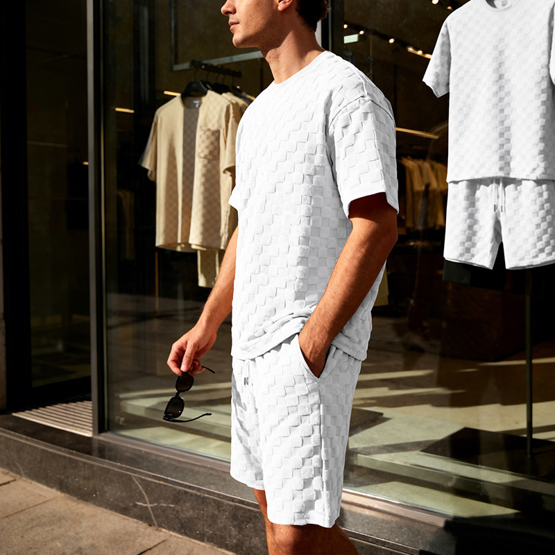 Muscle Doctor Men's Summer Jacquard Checkered Short Sleeve T-Shirt & Shorts Set, Loose Fit High Street Casual Outfit_viptrois.com