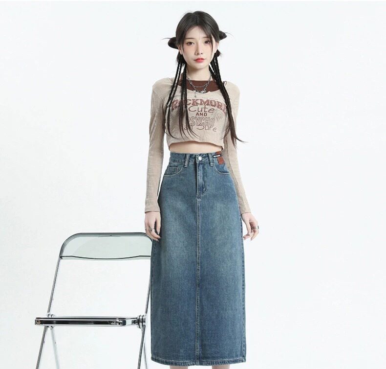Chân váy jean nữ dáng chữ A xẻ tà, dài midi, phong cách cổ điển — Màu xanh cổ điển chi tiết 17