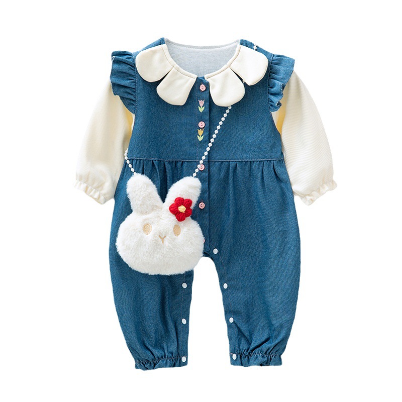 Estilo occidental bebé niña primavera y otoño mono recién nacido doble capa Denim mameluco 0-1 años de edad dulce lindo moda lindo mameluco