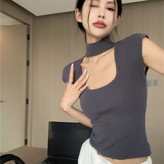 黒のスクエアネック半袖Tシャツレディース夏甘いホットガールセクシーなウエストタイト痩身ショートトップ