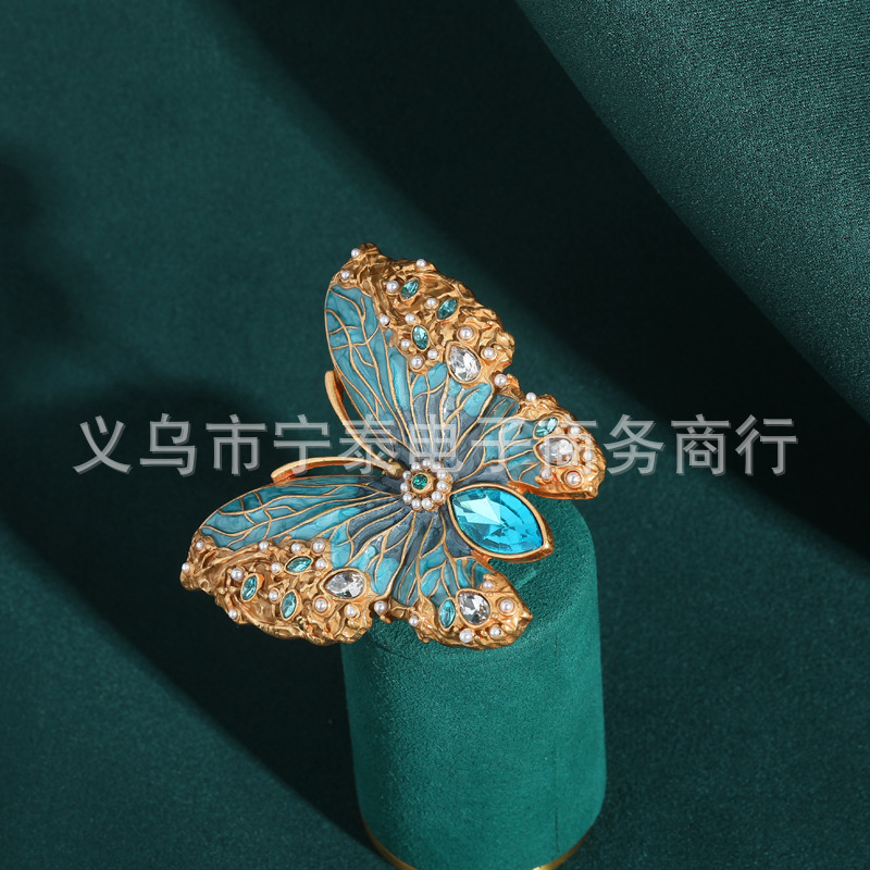 Vintage French-Style Wedding Ring with Painted Enamel Butterfly and Insect Design, Fresh and Sweet Open-Ended Index Finger Ring