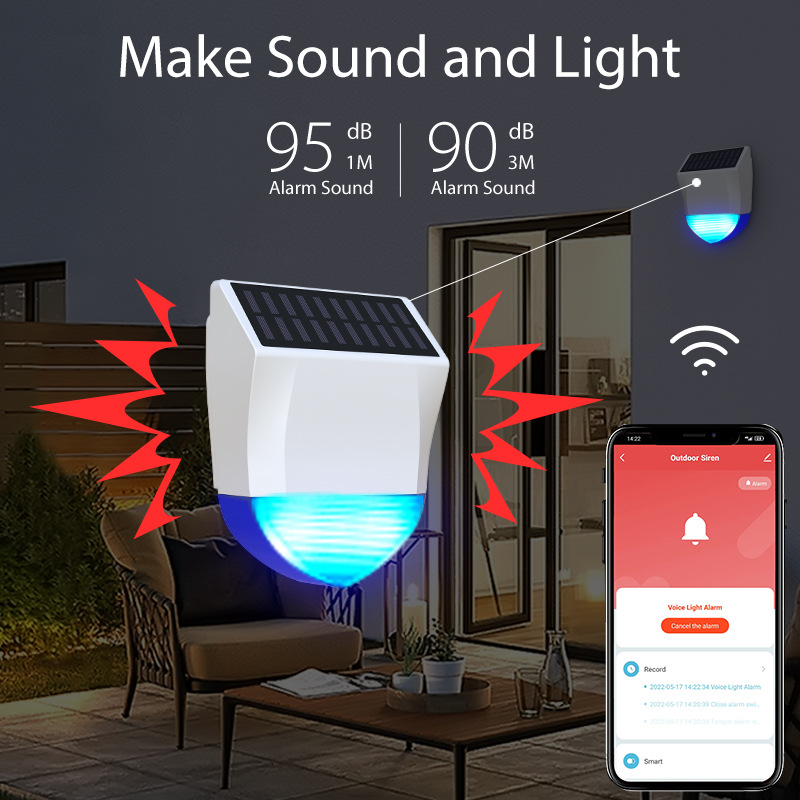 NEO graffiti inteligente WiFi al aire libre de sonido y luz de alarma y sonido solar y alarma de luz y prueba de lluvia a prueba de sol anti-desmontaje