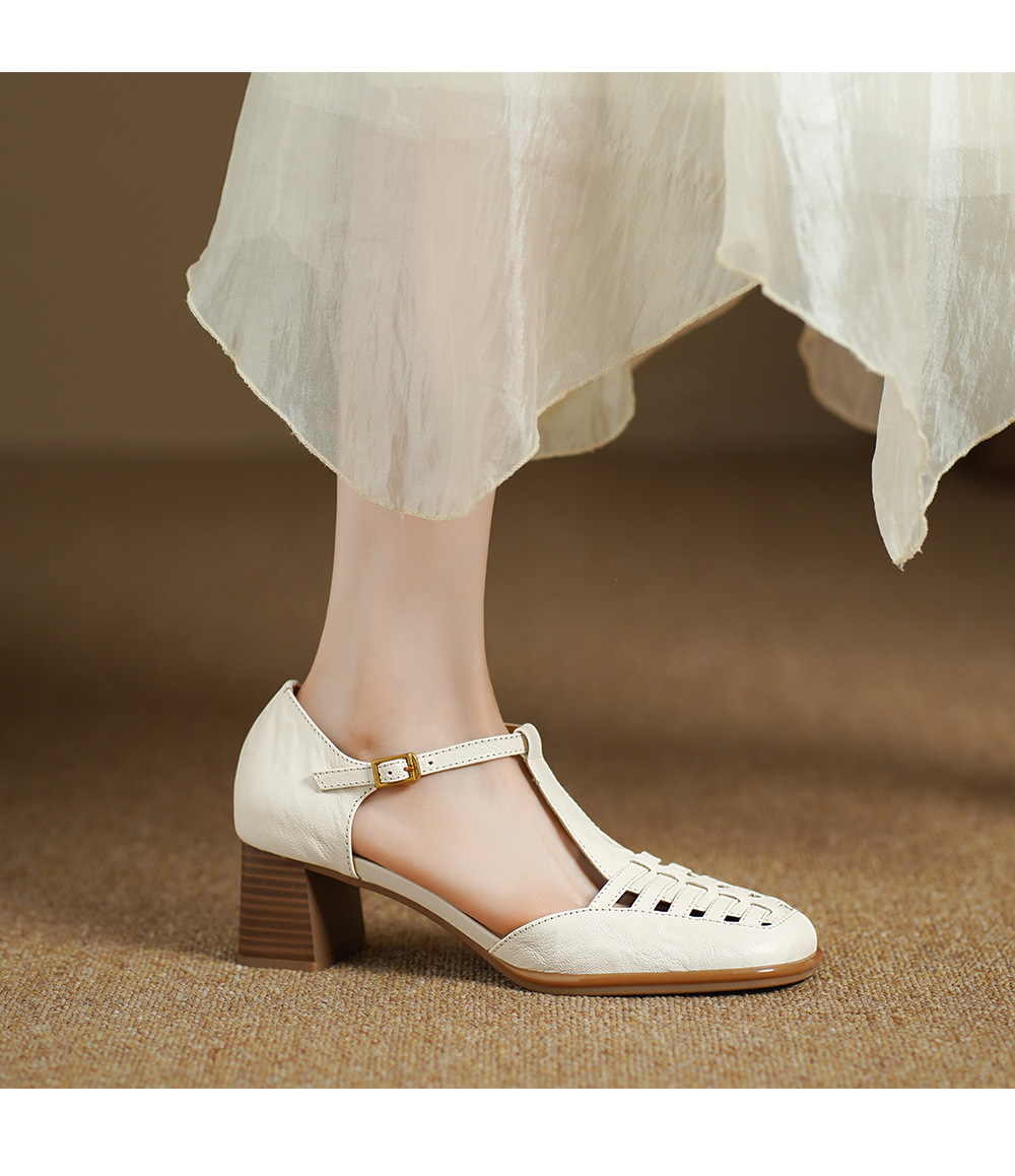Sandal cao gót nữ mũi nhọn quai chữ T dệt hở gót, gót 5 cm — đen chi tiết 10