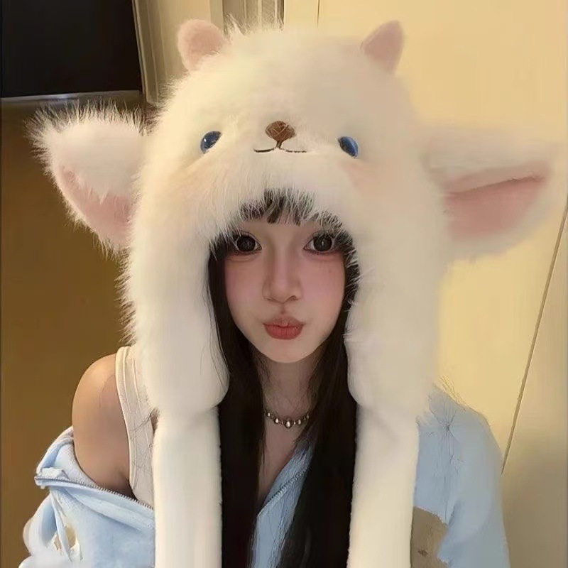 新款卡通小羊加绒加厚毛线帽子女保暖捏捏耳朵会动护耳帽防寒帽子|undefined