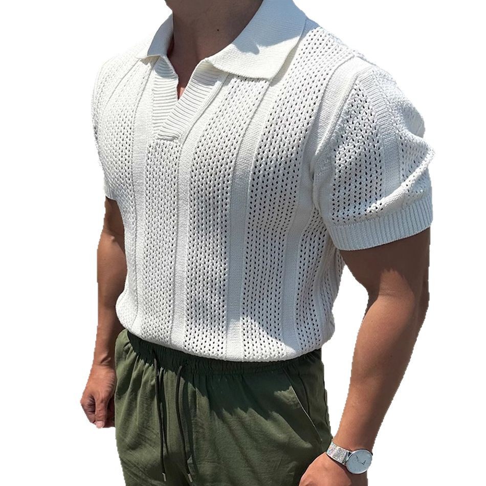 Verano nuevo estilo suéter de manga corta hombre hueco seda de hielo camisa POLO solapa delgado negocio marea comercio exterior transfronterizo al por mayor