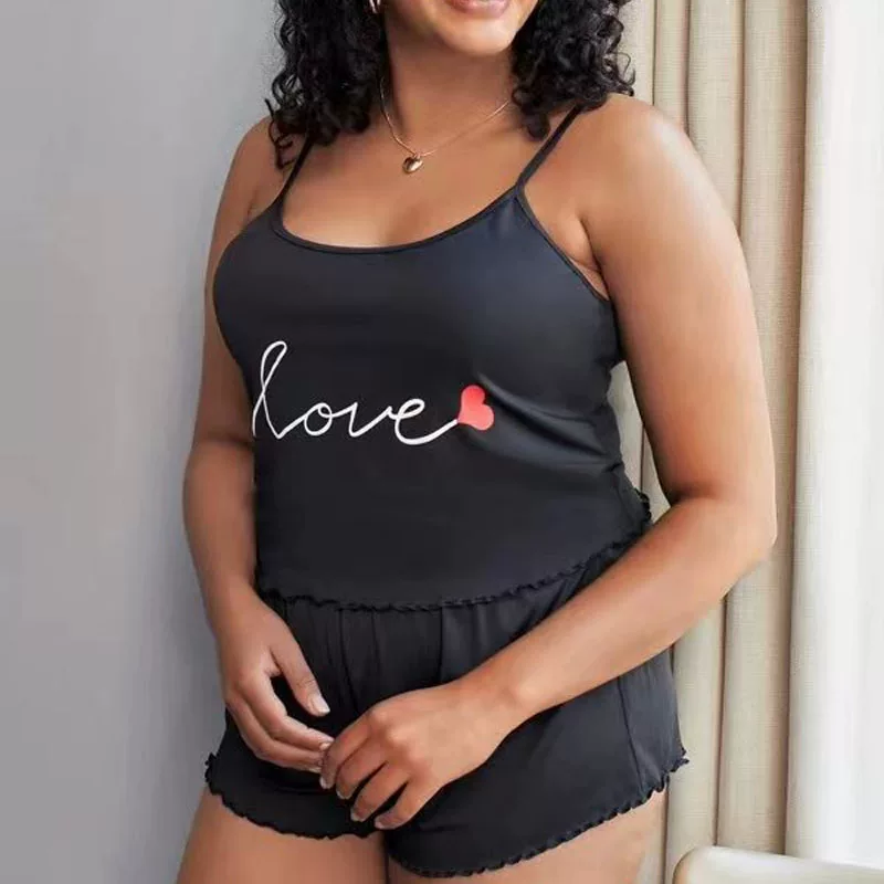 Костюм топ и шорты женский, европейский стиль, plus size с чашками, цветочный принт (чёрный)