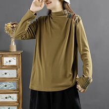 长袖上衣女2025新款盘扣刺绣民族风半高领德绒长袖打底衫秋冬季女