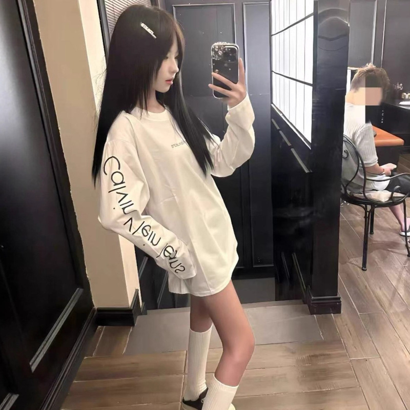 2025 Autum Korean Style Lazy Ins Style High Street Letter Student White Long-Sleeved T-Shirt Men and Women Bf Couple Tops