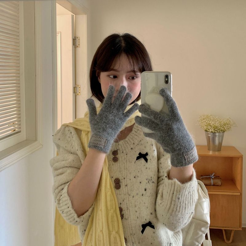 韩单款~ins羊毛混纺针织手套女冬季2025新款贴布保暖骑行防寒手套|undefined