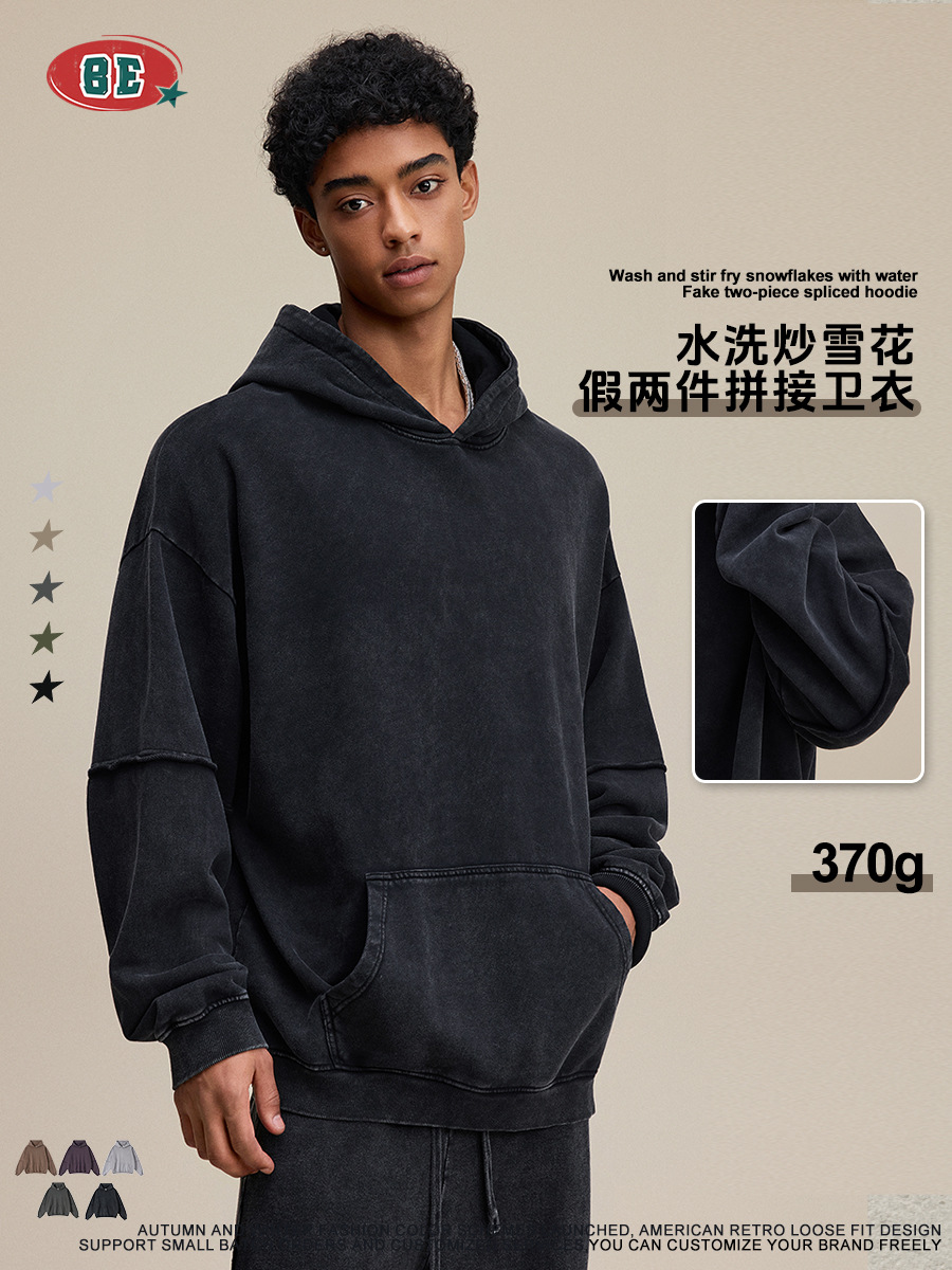 BE Men's Wear 2025 otoño americano pesado costura falsa dos piezas retro viejo copo de nieve frito con felpa suéter con capucha hombre image 5