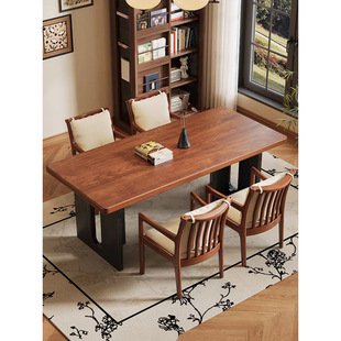 French Retro Solid Wood Dining Table for Home Living Room Wabi-Sabi Style Dining Table Rectangular Desk Mid-Century Style Large Long Desk