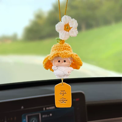 Hanging Ornaments, Car Rearview Mirror: Sürətlər qutusu və əl tormozu başlıqları - white-flower-yellow-hat-mini-sheepyellow-ping-an-car-hanger