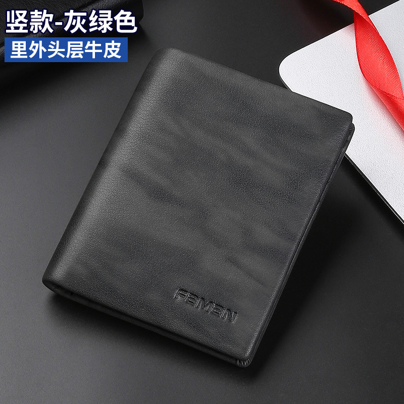 Cartera de hombre, cartera corta de cuero auténtica, cartera de estilo de hombre, cartera de cuero de vaca, cartera horizontal de negocios