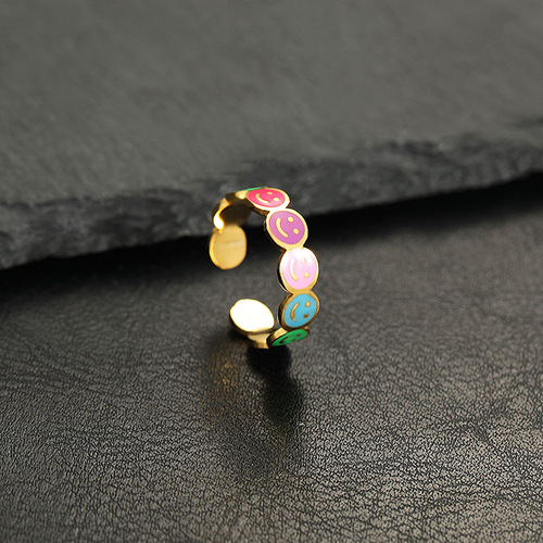 Cross-border stainless steel jewelry, fresh and sweet, colorful smiley face, flower opening, adjustable titanium steel ring, women's hand jewelry