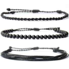 串珠组合手链男女通用手工麻花绳结手链红色纹理黑磨砂手链套装