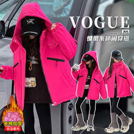 织里童装女童夹棉外套2025秋冬加厚大童女孩洋气时尚玫红色绣花字