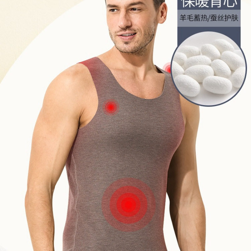 Carrekenbt Mulberry Silk Wool Thermal Vest Men's Heating Thickened German Velvet Bottoming Winter Thermal Underwear Men