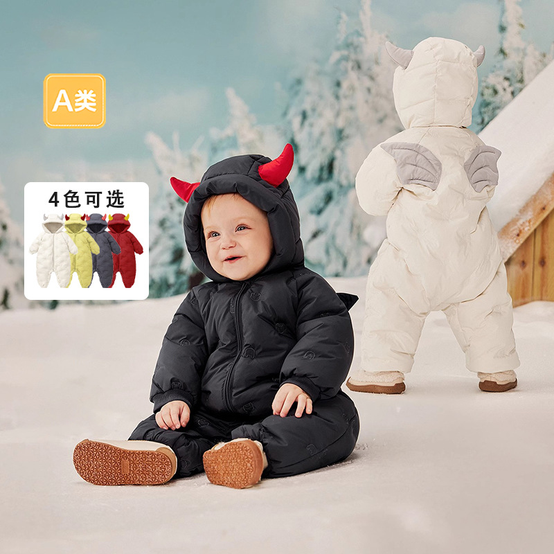 Boys and Girls down Jumpsuit Baby Baby Elf Hat Crawling Suit 2025 Autumn and Winter New White Duck down Hoodie