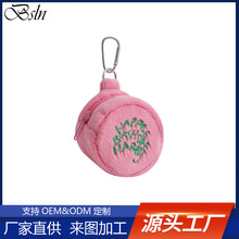 时尚毛绒迷你口红化妆包刺绣字母圆形零钱包可挂式耳机钥匙收纳袋