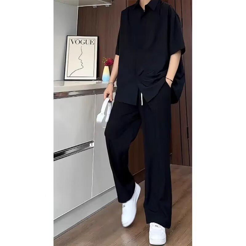 Black Ice Silk Shirt for Men, Summer Thin Style, Stylish High-End Drape Quick-Dry Pants, Handsome Two-Piece Set Trendy