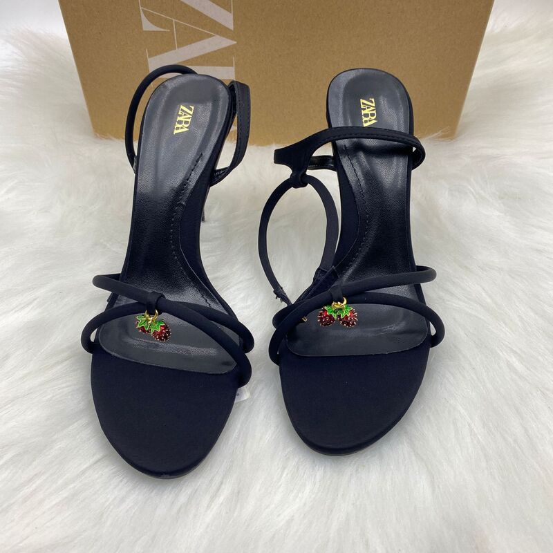 Za Home 2025 Autumn New Gold Beaded Thin Strap Black French Black Leather Cherry Style Cute Versatile Goddess Shoes