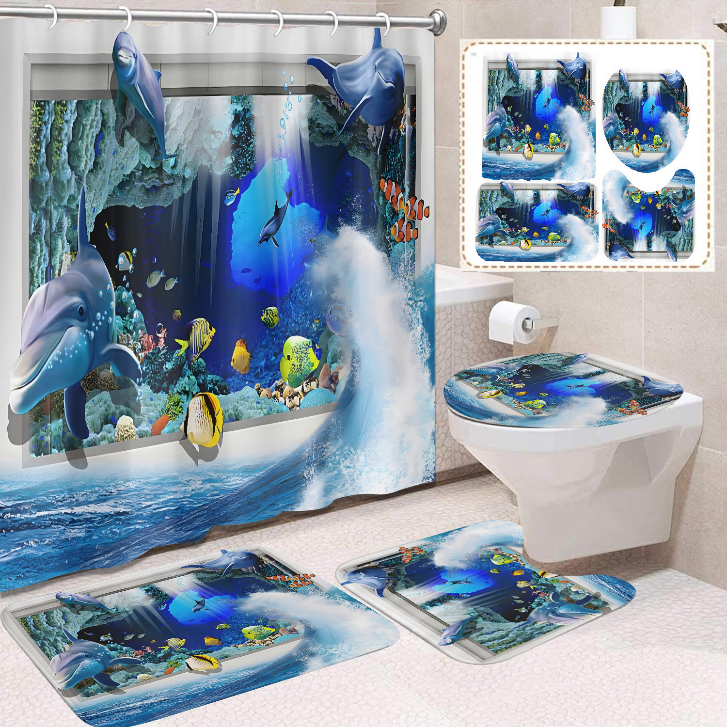 Cortina de ducha transfronteriza con diseño de delfines azules, estampada digitalmente, de poliéster, sin perforaciones, para baño, decoración del hogar image 59