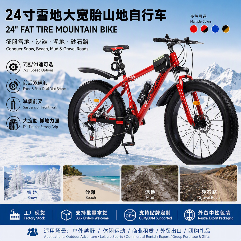 Bicicleta de nieve y playa con neumáticos grandes, bicicleta de montaña de velocidad variable, venta al por mayor, frenos de disco dobles, absorción de impactos, en stock, ciclismo todoterreno de 26 pulgadas.
