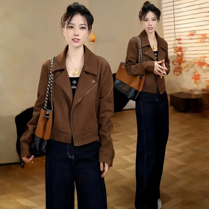 American Retro Brown Suede Short Jacket for Women in Spring & Fall Hepburn Style High-End Motorcycle Leather Jacket Trendy