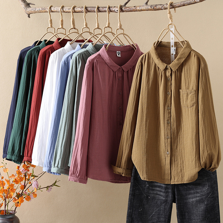 2025 Autumn New Double-Layer Cotton Gauze Long-Sleeve Shirt for Women, Artistic Small Pointed Collar, Simple Versatile Base Shirt Top