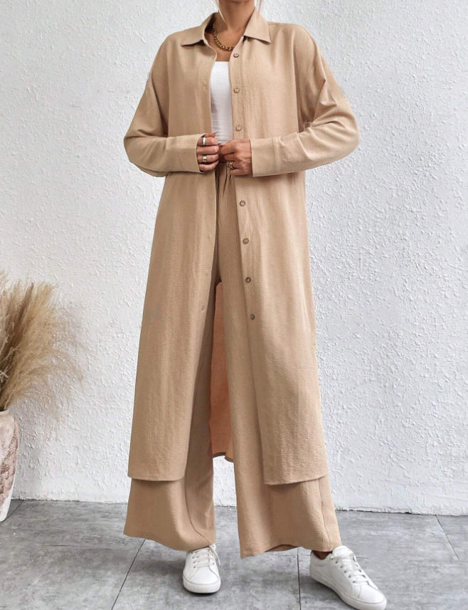 GraceChic Südostasien Frühling und Herbst Große Größen Lockeres langes Hemd Weite Hose Modischer Sportanzug Zweiteiler Großhandel_voghion.com