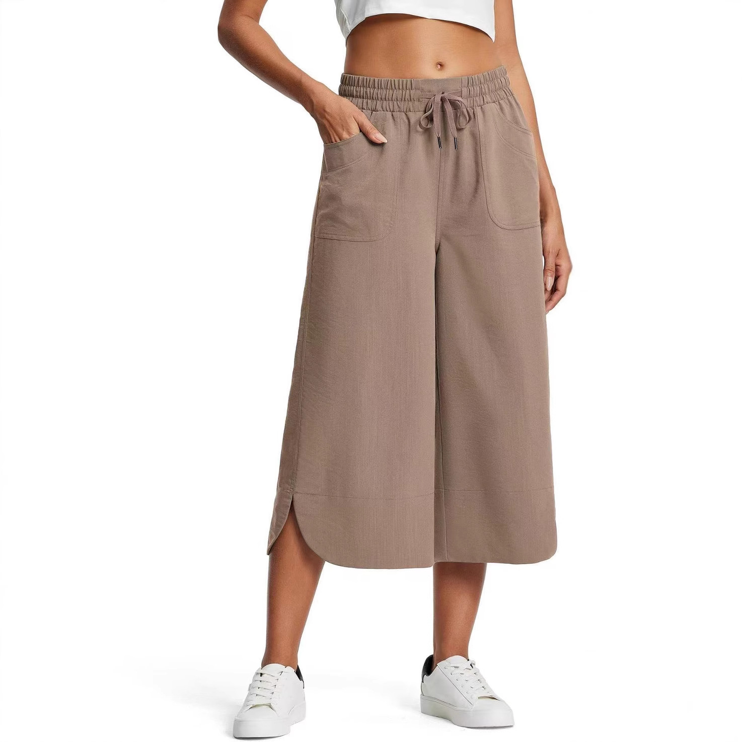 Women's Solid Color Wide Leg Capri Pants Spring Summer Elastic Waist Casual Relaxed Everyday Wear Comfortable Feshion_ecoleips.com