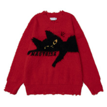 猫咪刺绣马海毛软糯圆领套头毛衣男秋冬宽松情侣慵懒针织衫潮外套