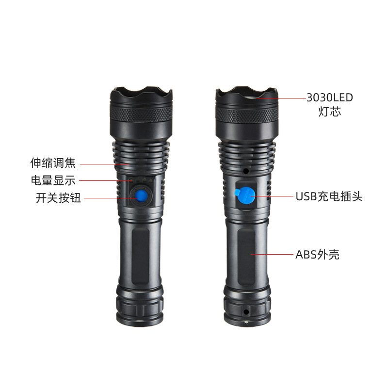 Linterna de plástico con luz fuerte y enfoque fijo LED al aire libre carga USB doméstica pantalla de energía portátil pequeña linterna