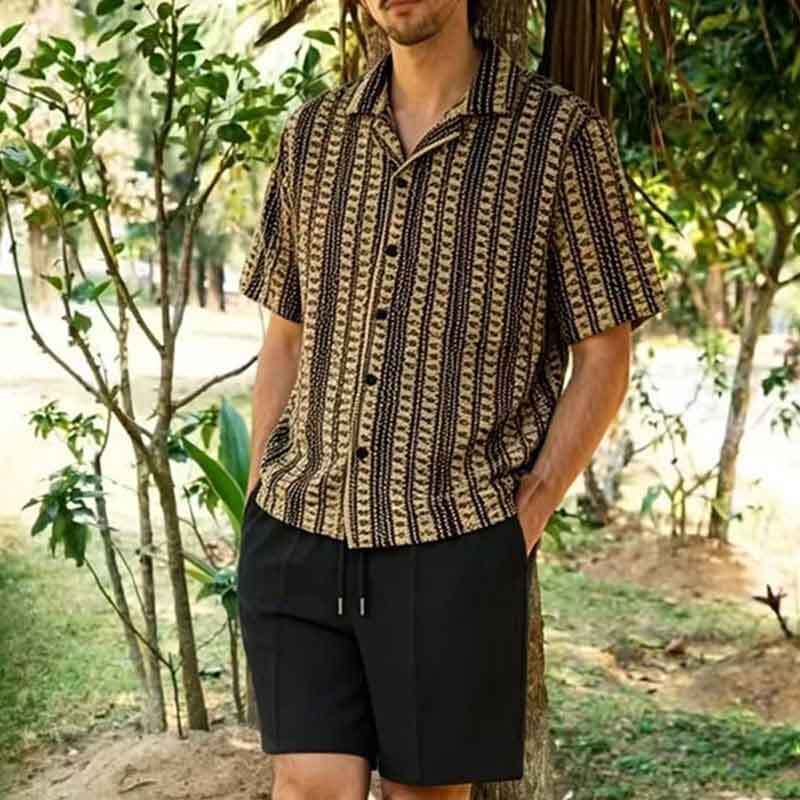 2026 Summer Cross-Border Amazon 3D Men's Zippered Collar Short-Sleeve Shirt and Shorts - Trendy, Loose Fit, Sporty, Comfortable