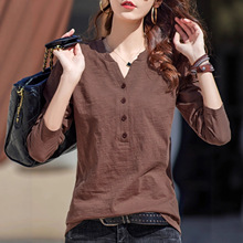 长袖t恤女装宽松秋装2025年新款竹节棉早秋纽扣v领上衣小衫潮