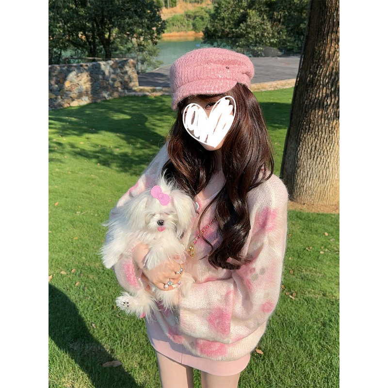 2025韩系粉色慵懒风花朵毛衣开衫女秋冬新款宽松针织上衣短裙套装|undefined